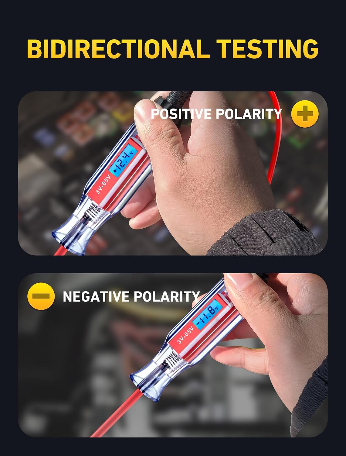 Automotive test light graphic demonstrating positive and negative polarity voltage readings