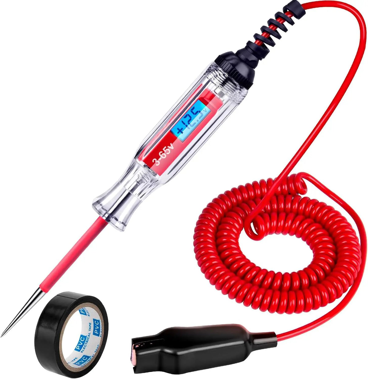 Digital test-light probe with a coiled red lead, black clip and tape roll
