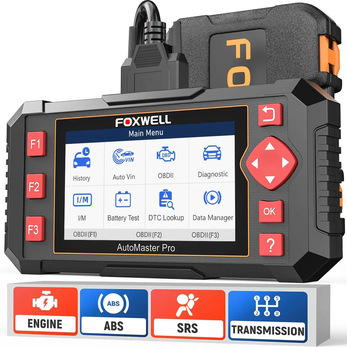 Foxwell scanner with carrying case and icons for engine, ABS, airbag and transmission diagnostics