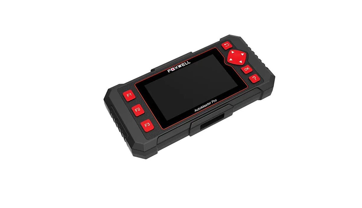Foxwell diagnostic scanner at an angle with a blank display and red control buttons