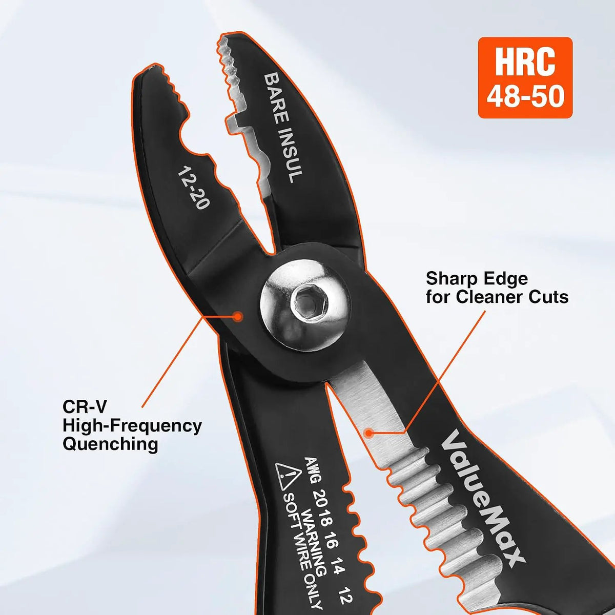 ValueMax plier detail highlighting hardened steel, cutting edges and wire-stripping notches