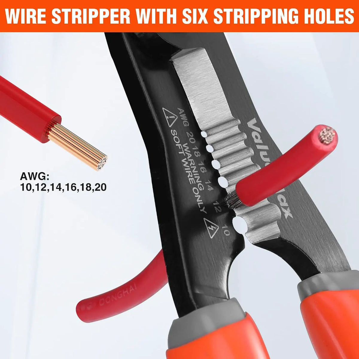 Wire-stripper graphic showing six stripping holes for 10, 12, 14, 16, 18 and 20 AWG wire