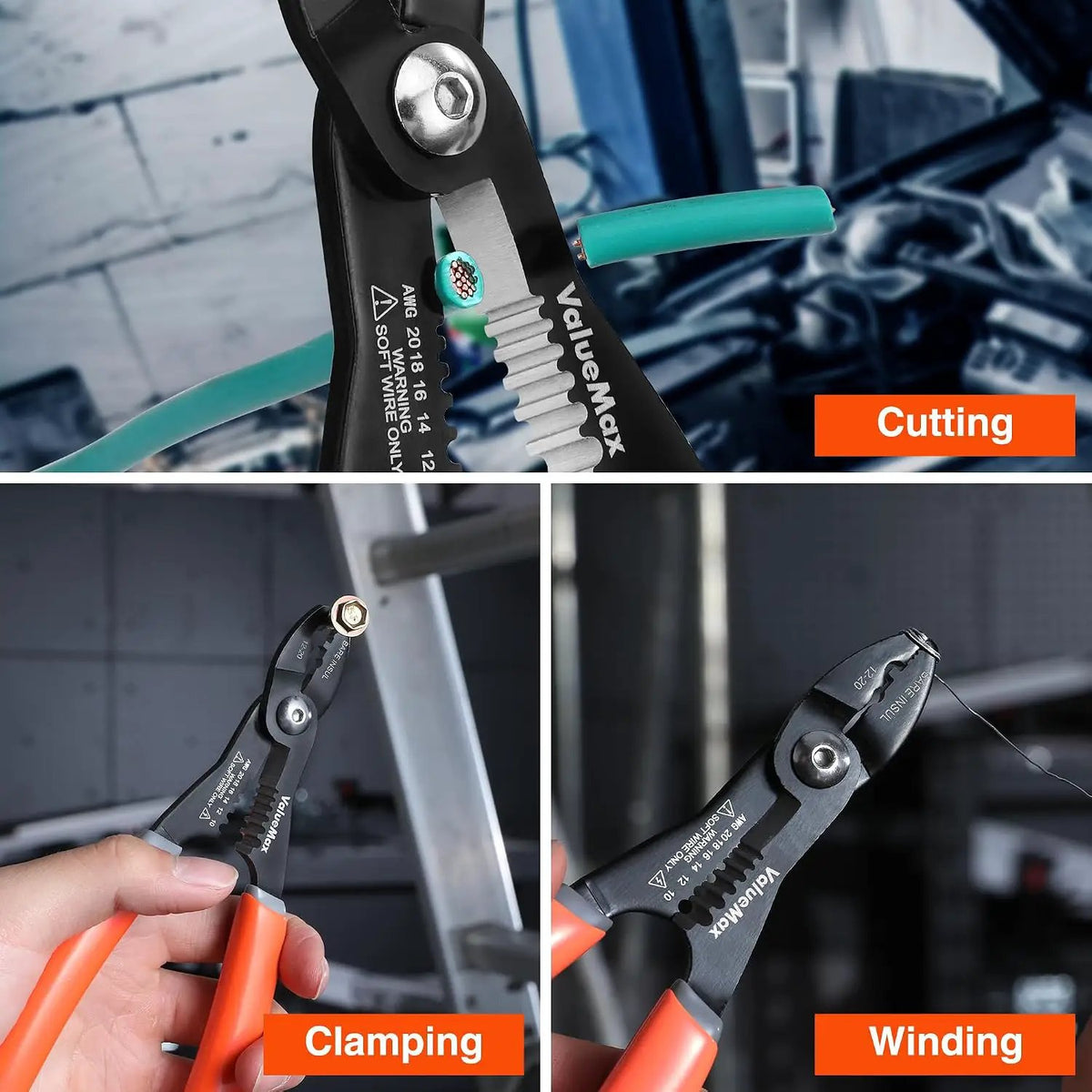 ValueMax pliers feature graphic demonstrating wire cutting, nut gripping and wire winding