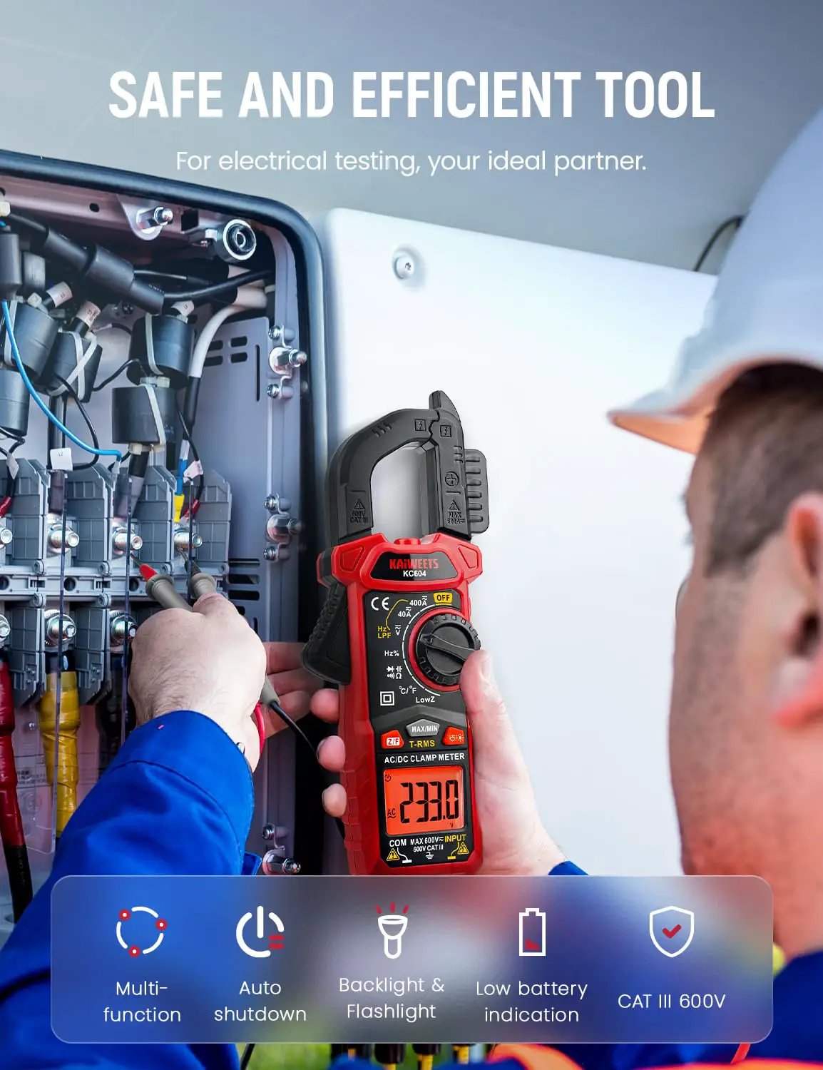KC604 clamp meter being used at an electrical panel, with measurement and lighting features illustrated