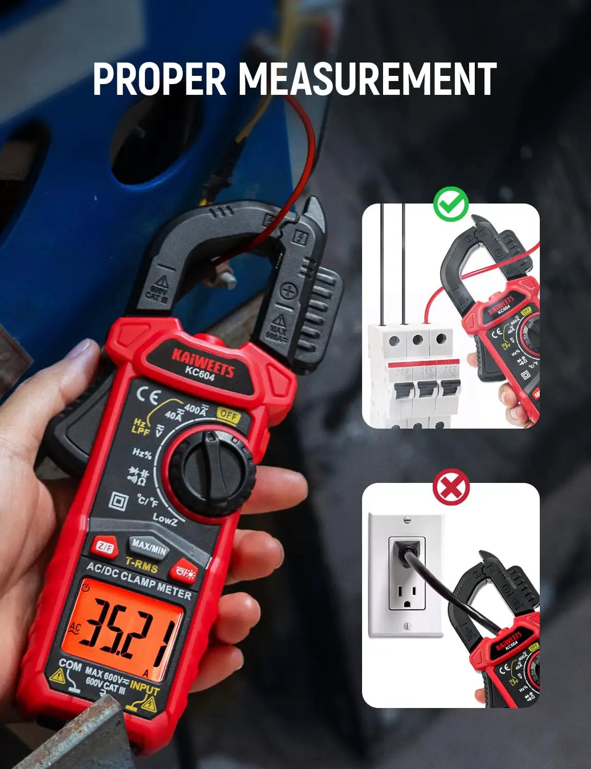 KC604 clamp meter infographic illustrating current measurement around a single conductor