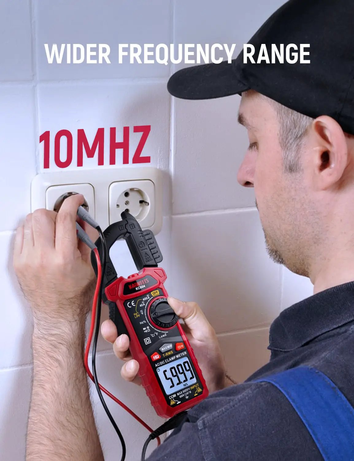 KC604 clamp meter connected to an outlet with test leads in a frequency measurement demonstration
