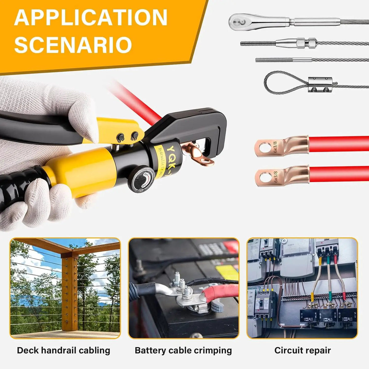 Hydraulic cable crimper graphic showing deck railing, battery cable and electrical repair applications