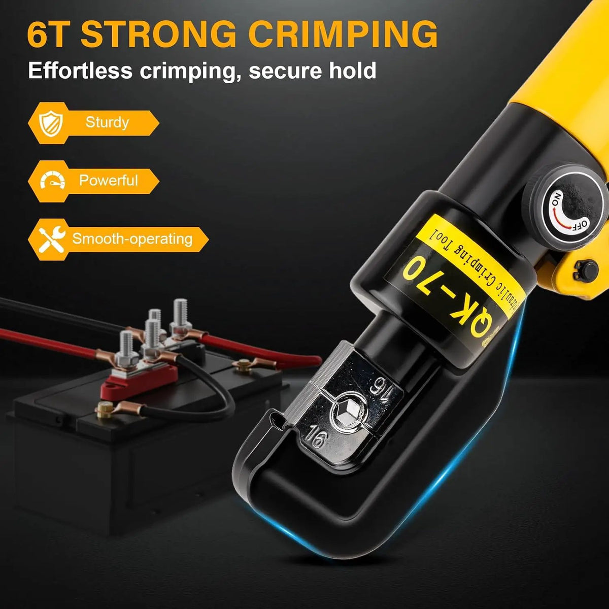 Hydraulic-crimper graphic illustrating a cable-lug connection and advertised 6-ton crimping force