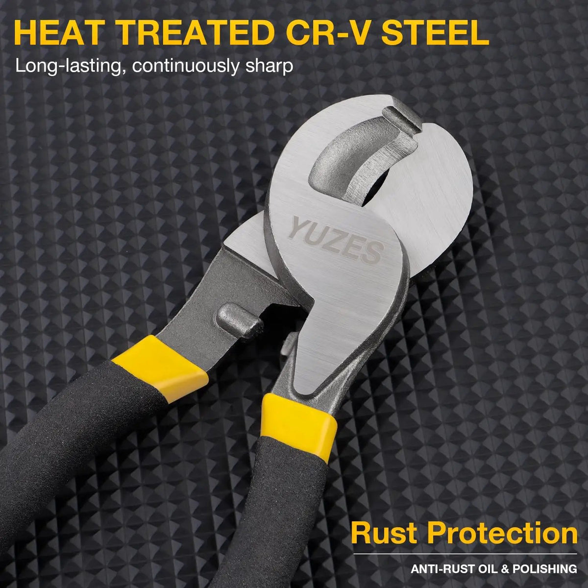 Cable cutter feature graphic showing the polished head and heat-treated chrome vanadium steel construction