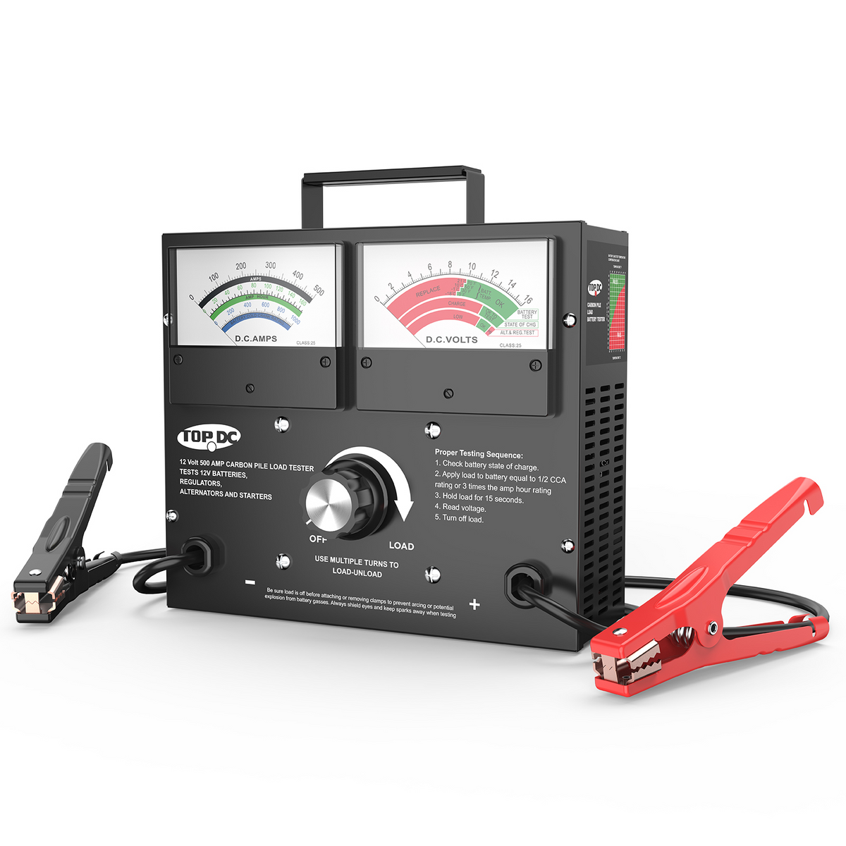 TOPDC 500-amp carbon-pile battery load tester with two meters and red and black clamps