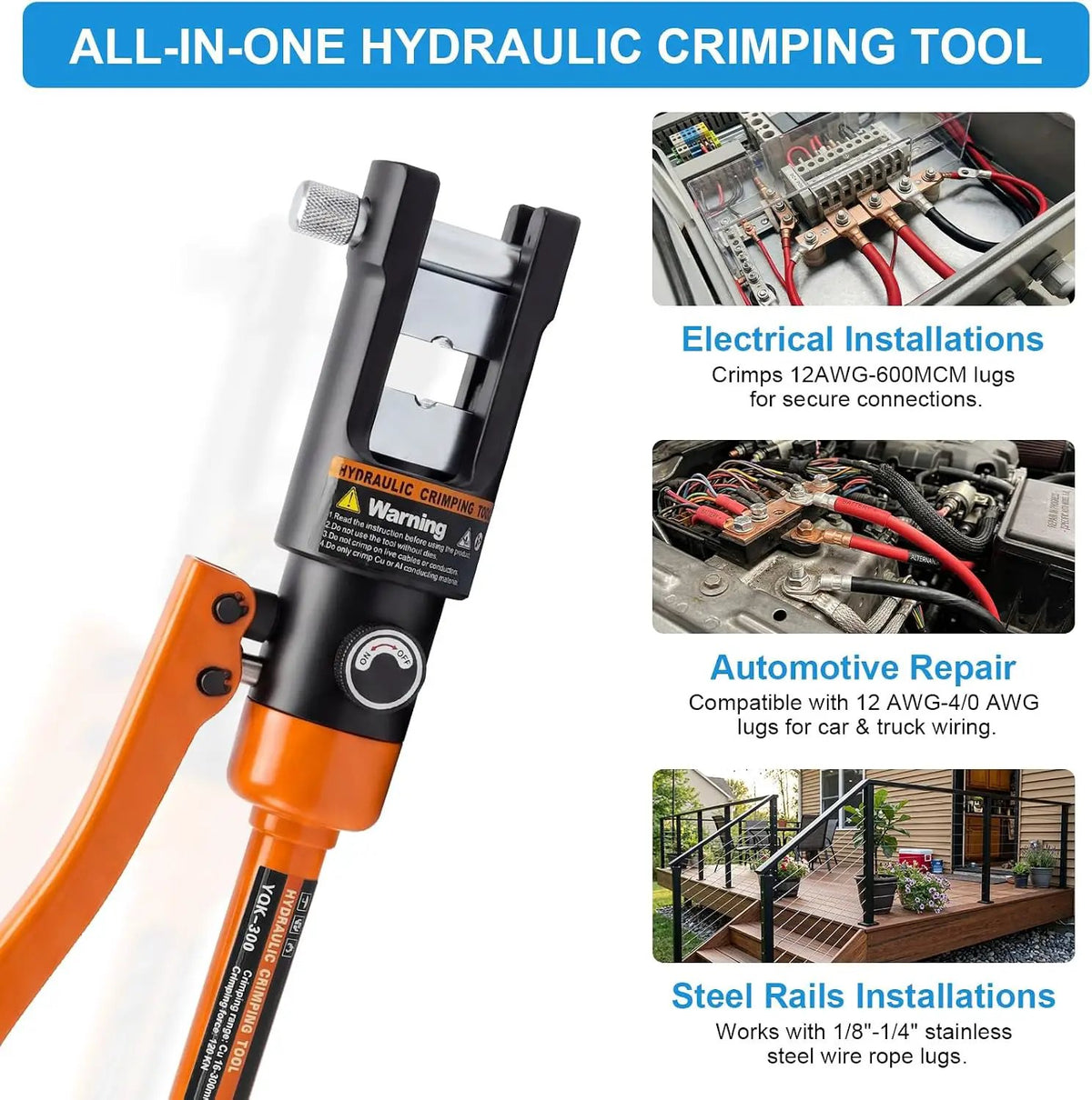 Hydraulic-crimper application graphic showing electrical, automotive and cable-railing connections