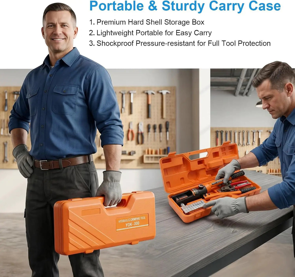 Orange hydraulic-crimper storage case shown being carried and opened with tools organized inside