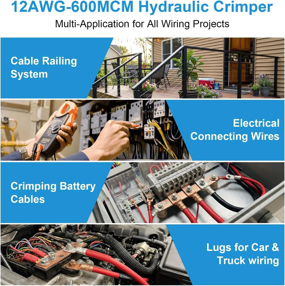 Hydraulic-crimper application graphic for cable railings, electrical connections and vehicle battery cables