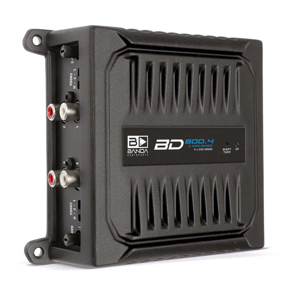Banda BD 800.4 1-ohm four-channel amplifier, manufacturer three-quarter view