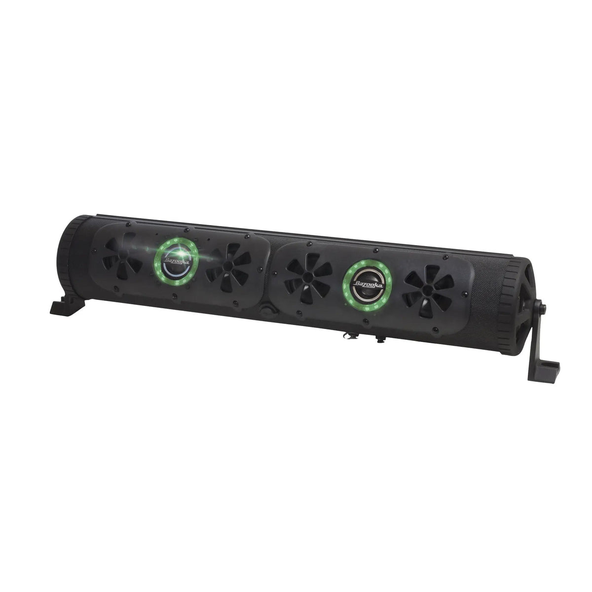 Bazooka Party Bar soundbar with green illumination around its speaker grilles