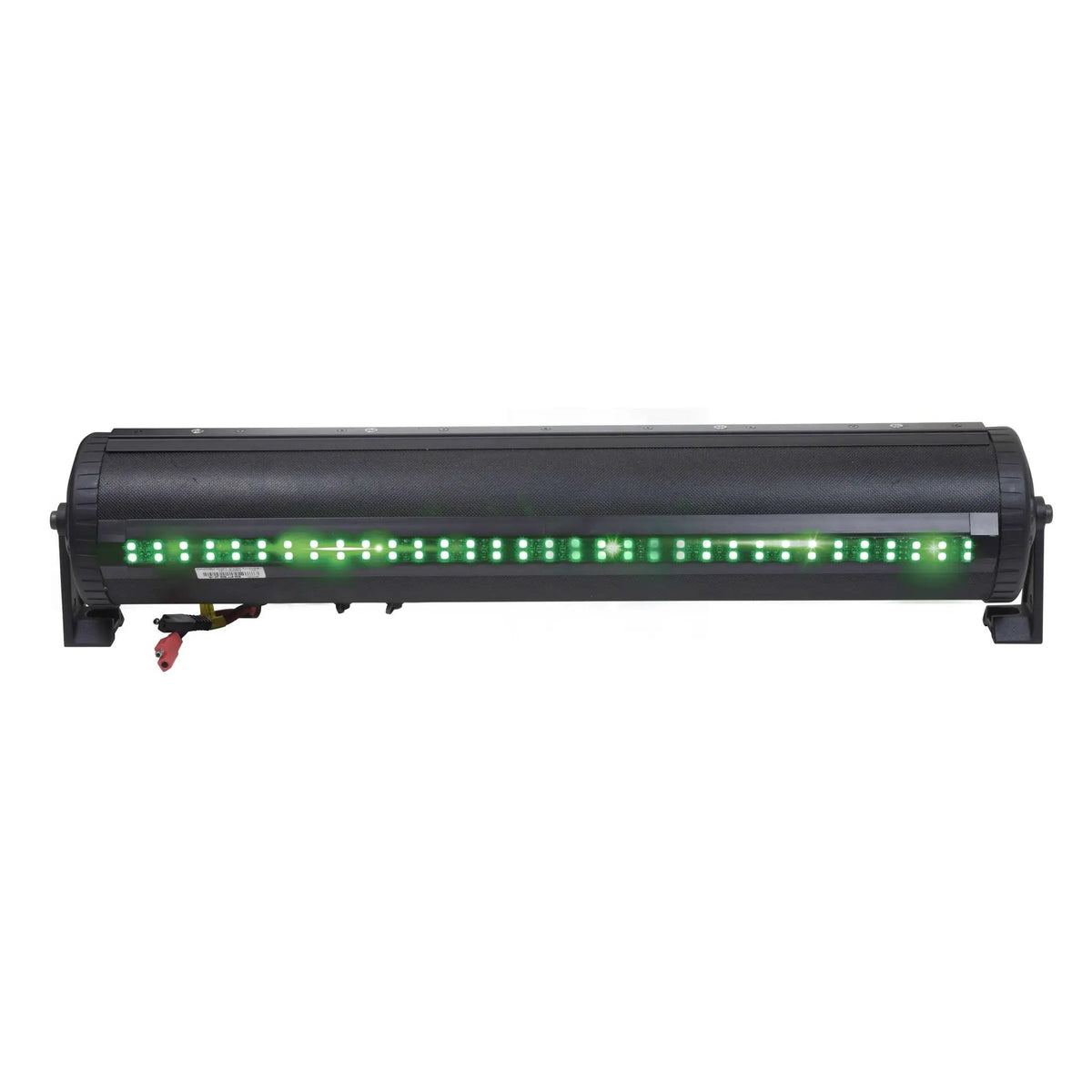 Rear of a Bazooka soundbar with a long green illuminated strip and mounting brackets