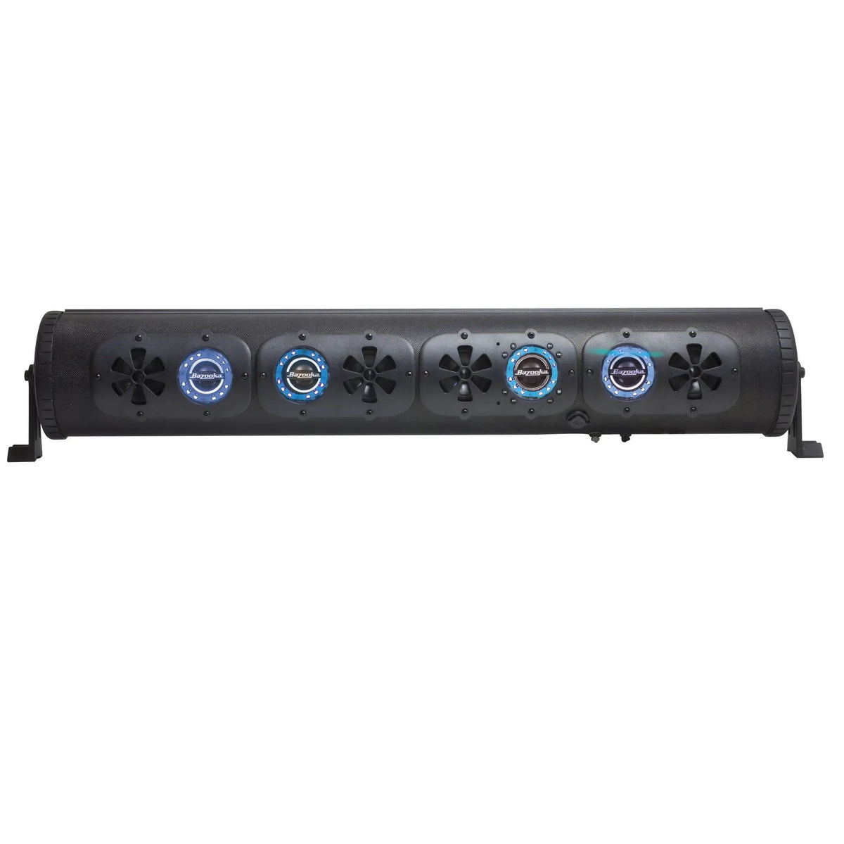 Black soundbar with blue illuminated speaker rings, front view