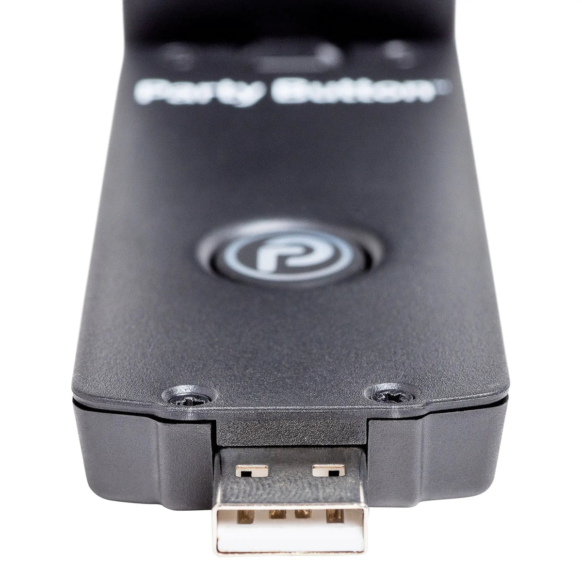Close-up of an iNVITATION USB audio adapter showing its USB plug and Party Button