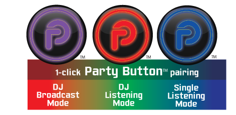 Bazooka Party Button modes: purple for DJ broadcast, red for DJ listening and blue for single listening