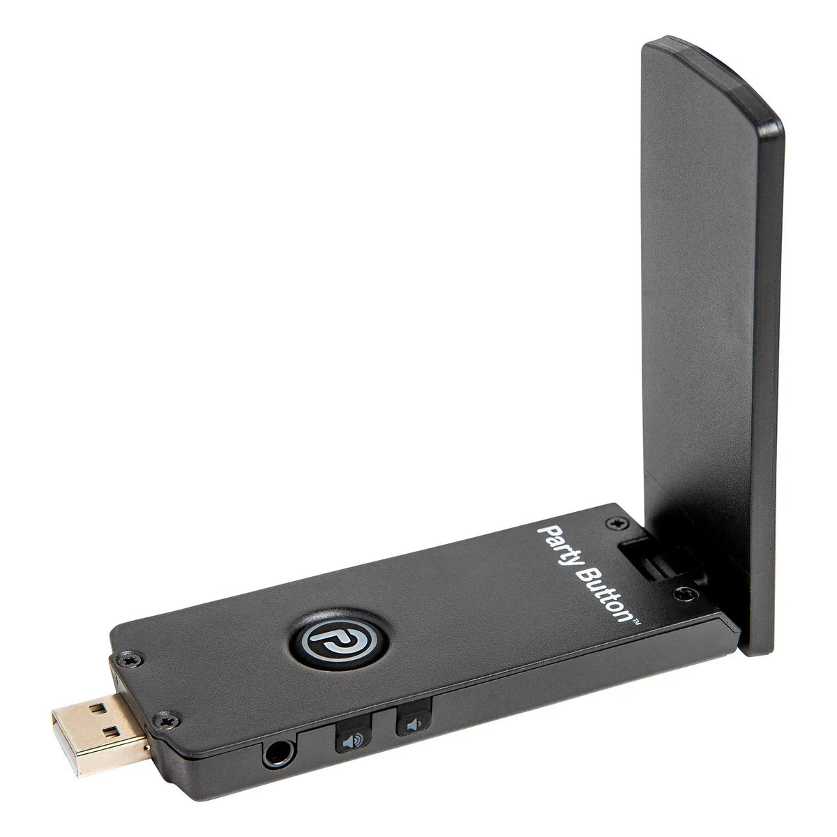 Bazooka iNVITATION wireless adapter at an angle with its antenna raised and USB plug visible