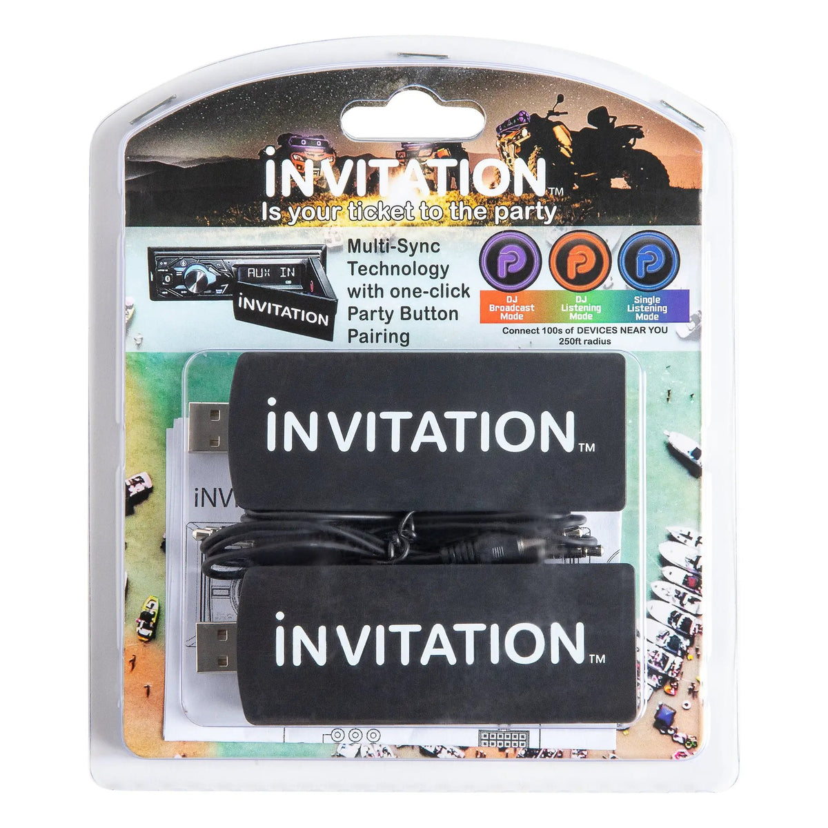 iNVITATION package explaining one-button Party Button pairing, DJ and listener modes, and a 250-foot sharing radius