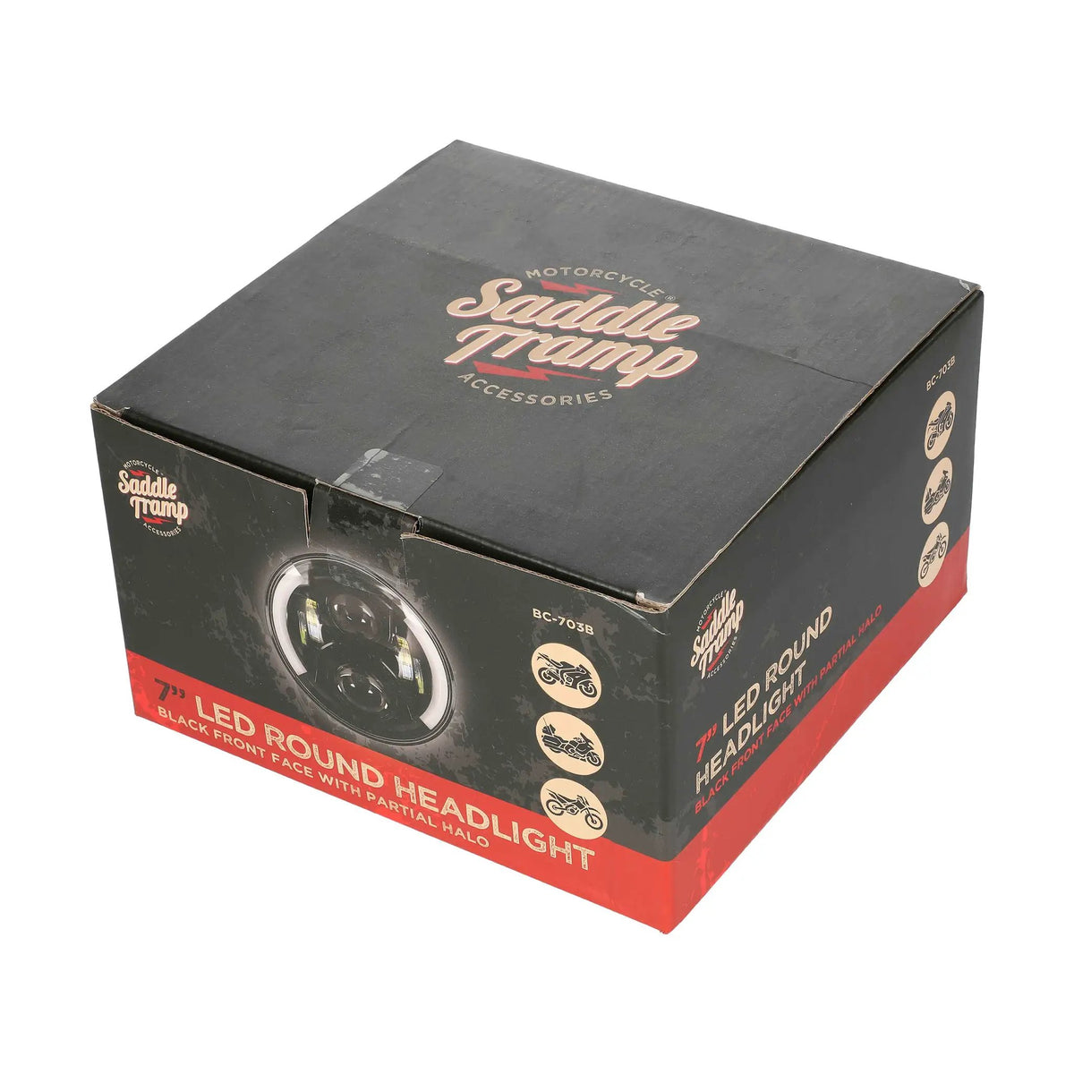 Saddle Tramp BC-703B headlight retail box showing the round 7-inch LED headlight