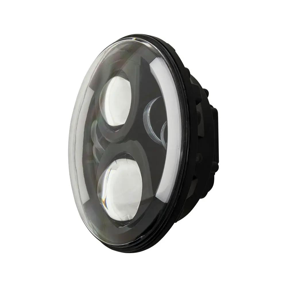 Angled round headlight with two projector lenses and a curved white accent strip