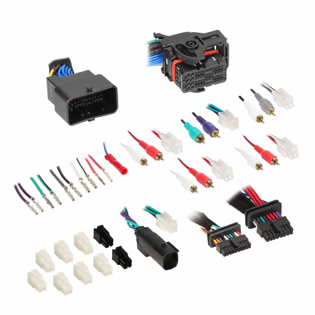 Audio harness connectors, color-coded RCA ends and small plug adapters arranged on white