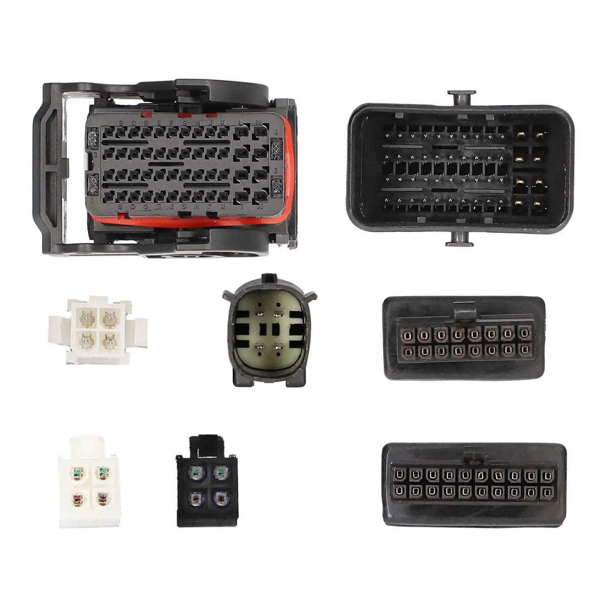 Connector-face views of black and white multi-pin harness plugs, including a red-sealed locking connector