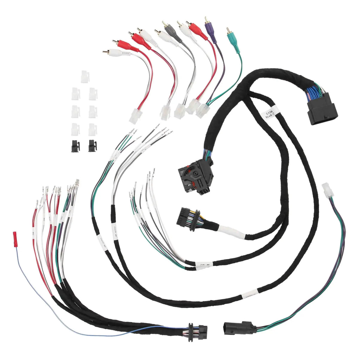Black-sleeved audio wiring harnesses with multi-pin plugs, color-coded RCA leads and small connector adapters