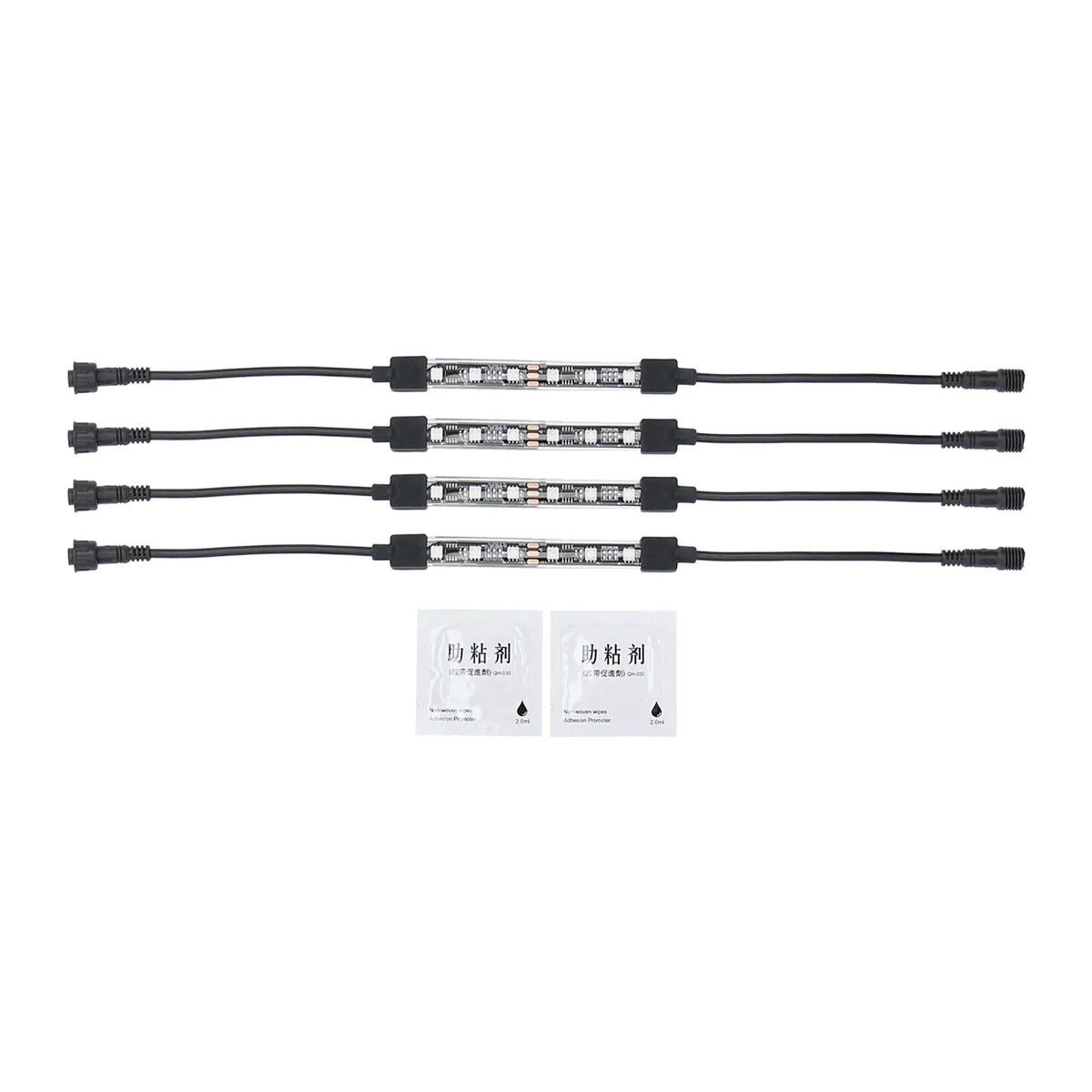 Four unlit LED strips with connector leads and two adhesive-promoter packets