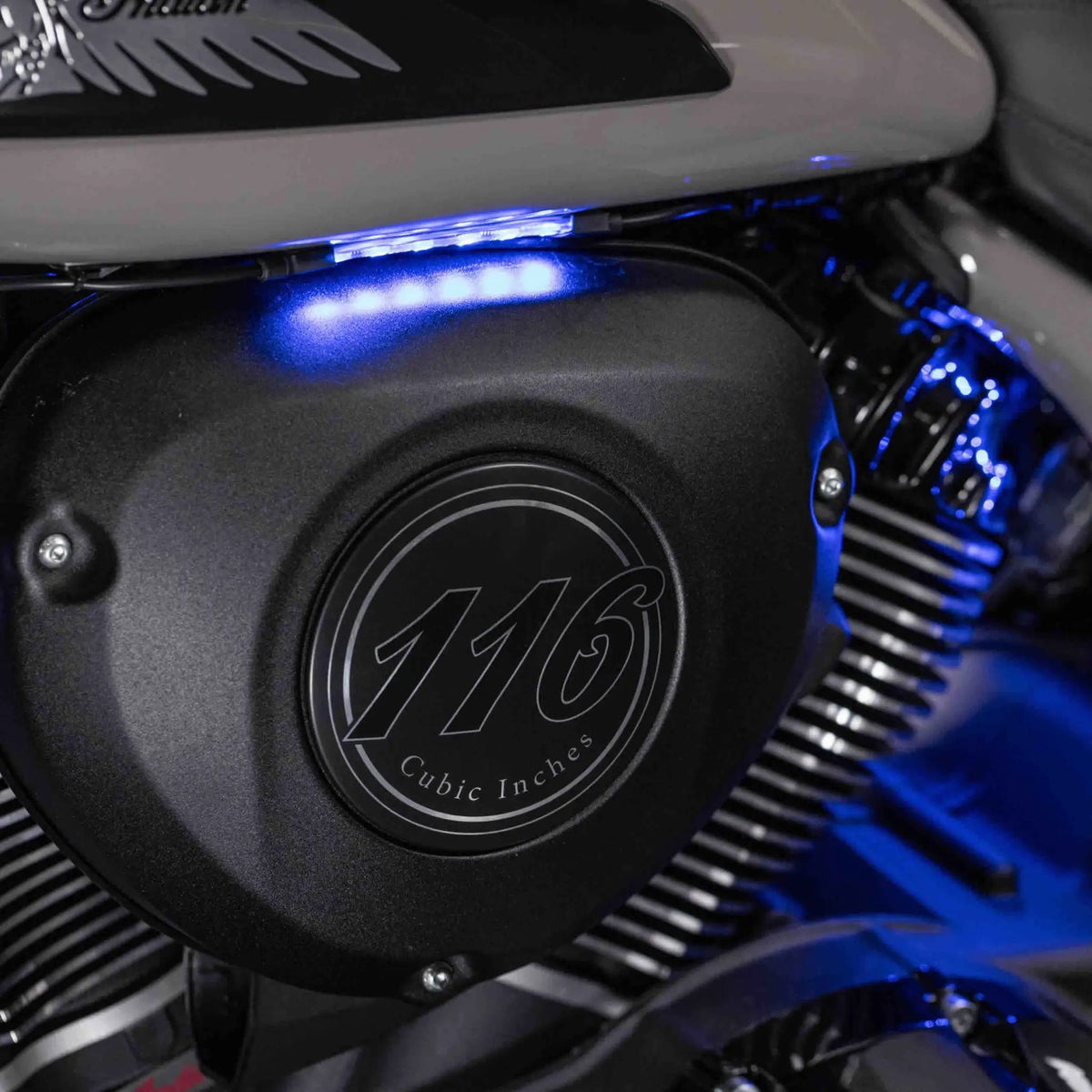 Blue accent LEDs illuminating a motorcycle engine cover