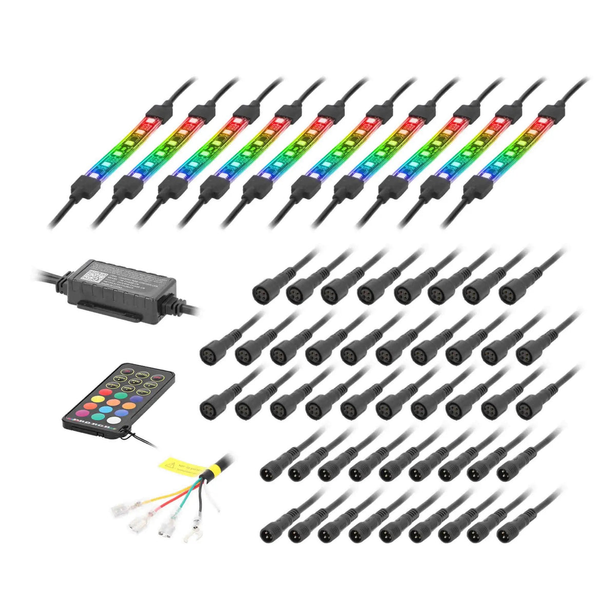Ten multicolor LED strips arranged with connector leads, a controller, remote and wiring