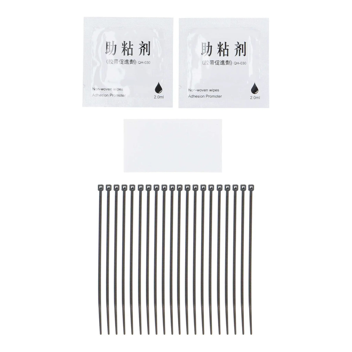 Saddle Tramp LED kit installation supplies with cable ties, adhesive-promoter packets and an adhesive pad