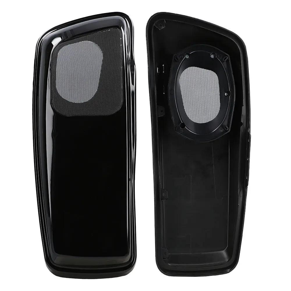 Saddle Tramp speaker saddlebag lids showing the exterior mesh grille and interior speaker opening