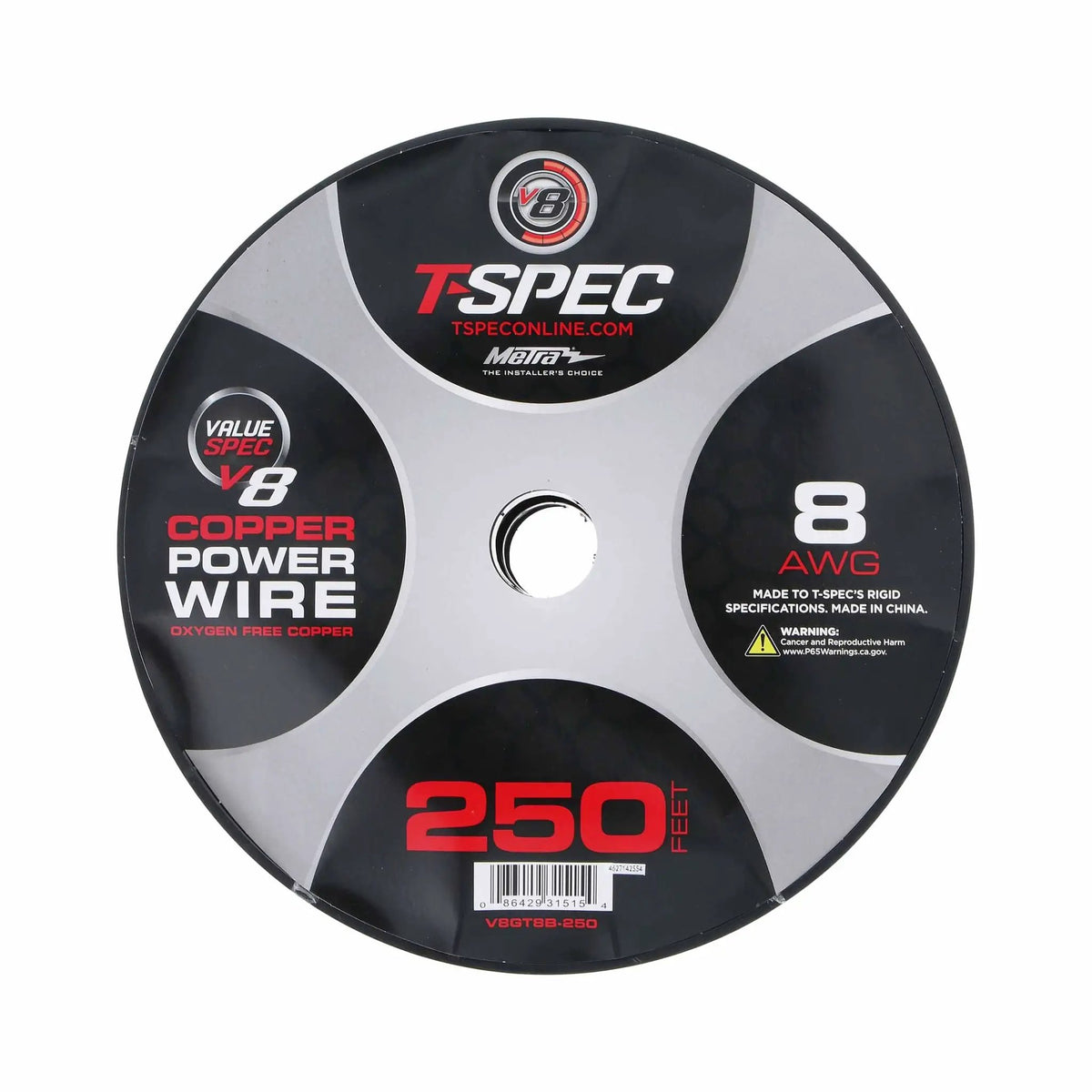 T-Spec V8GT8B-250 spool label identifying 8 AWG oxygen-free copper power wire and a 250-foot length