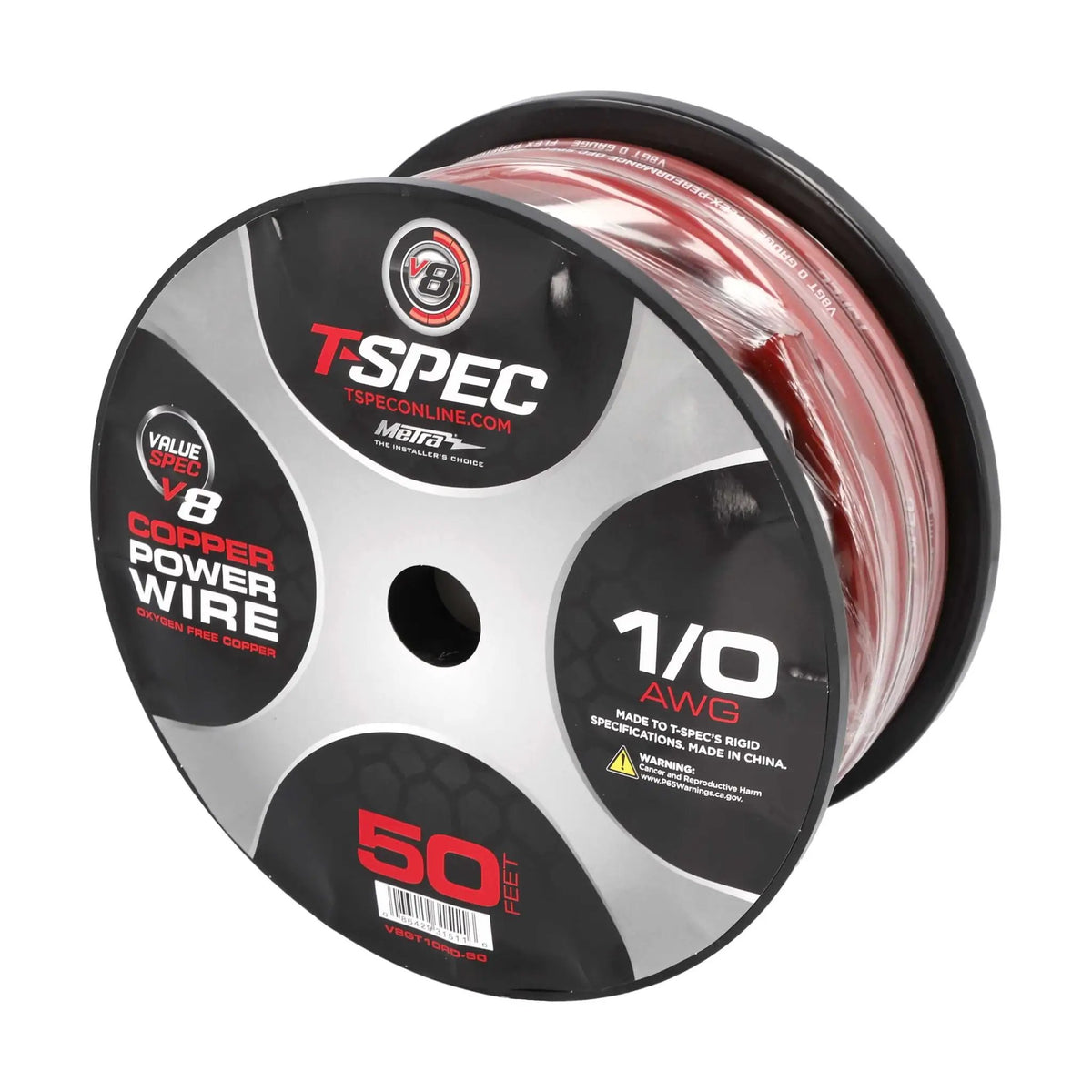 T-Spec V8GT10RD-50 1/0 AWG OFC Power Wire - Red - 50 ft Spool