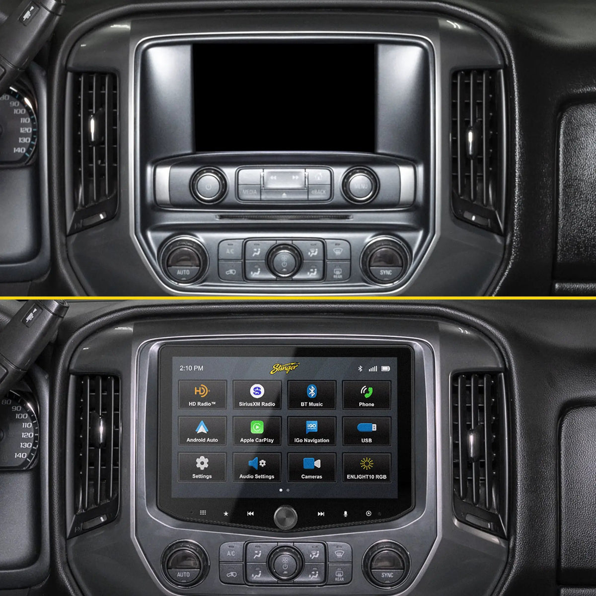 Before-and-after dashboard comparison showing the factory radio replaced by a Stinger touchscreen with its source-selection menu