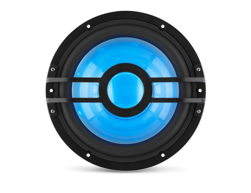 Marine subwoofer with a black grille and blue illumination
