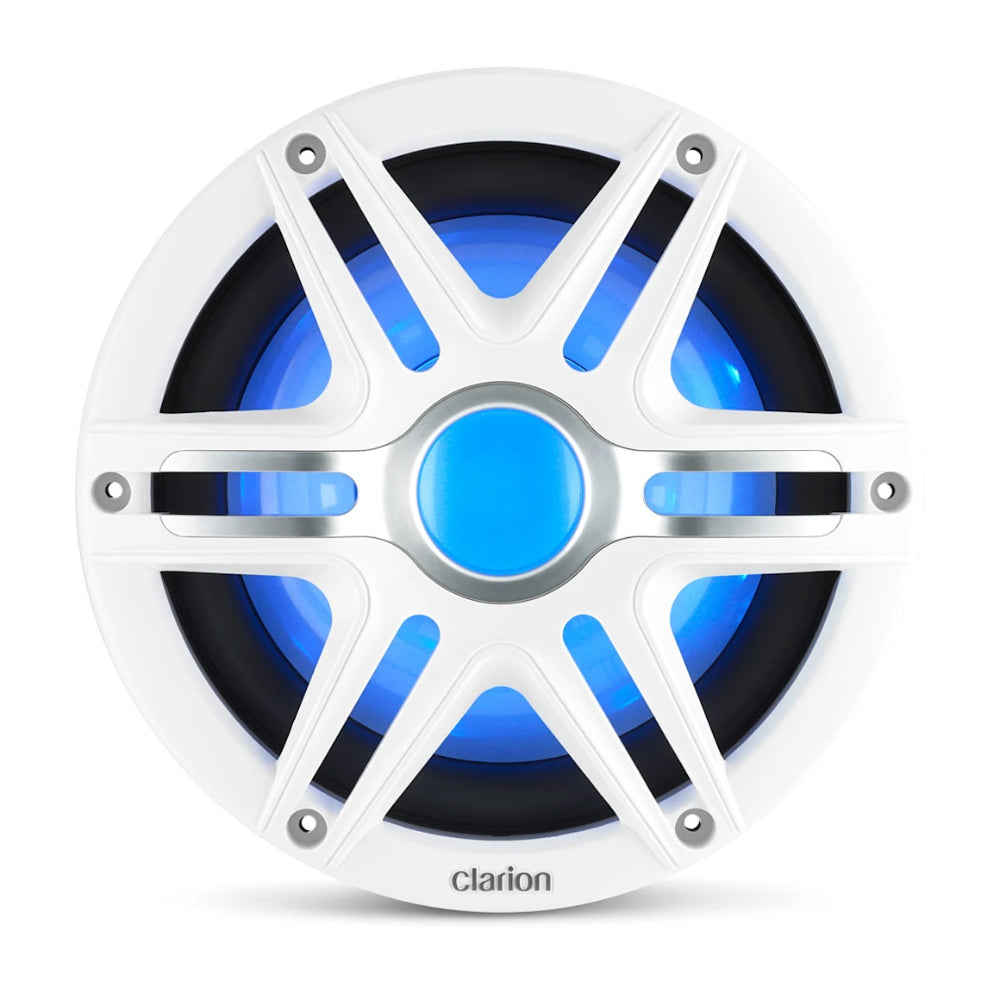 Clarion subwoofer with a white eight-spoke grille and blue illuminated cone