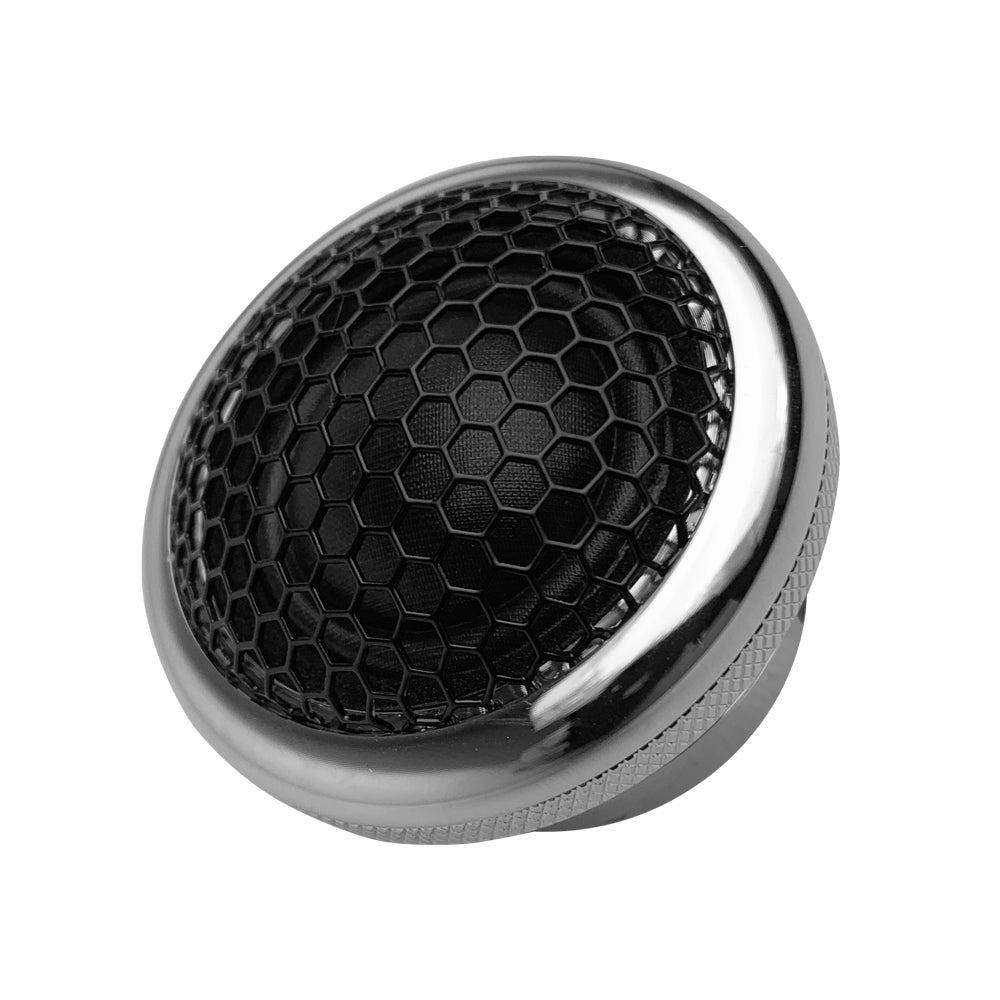 Angled front of a chrome-rimmed tweeter with black mesh over its dome