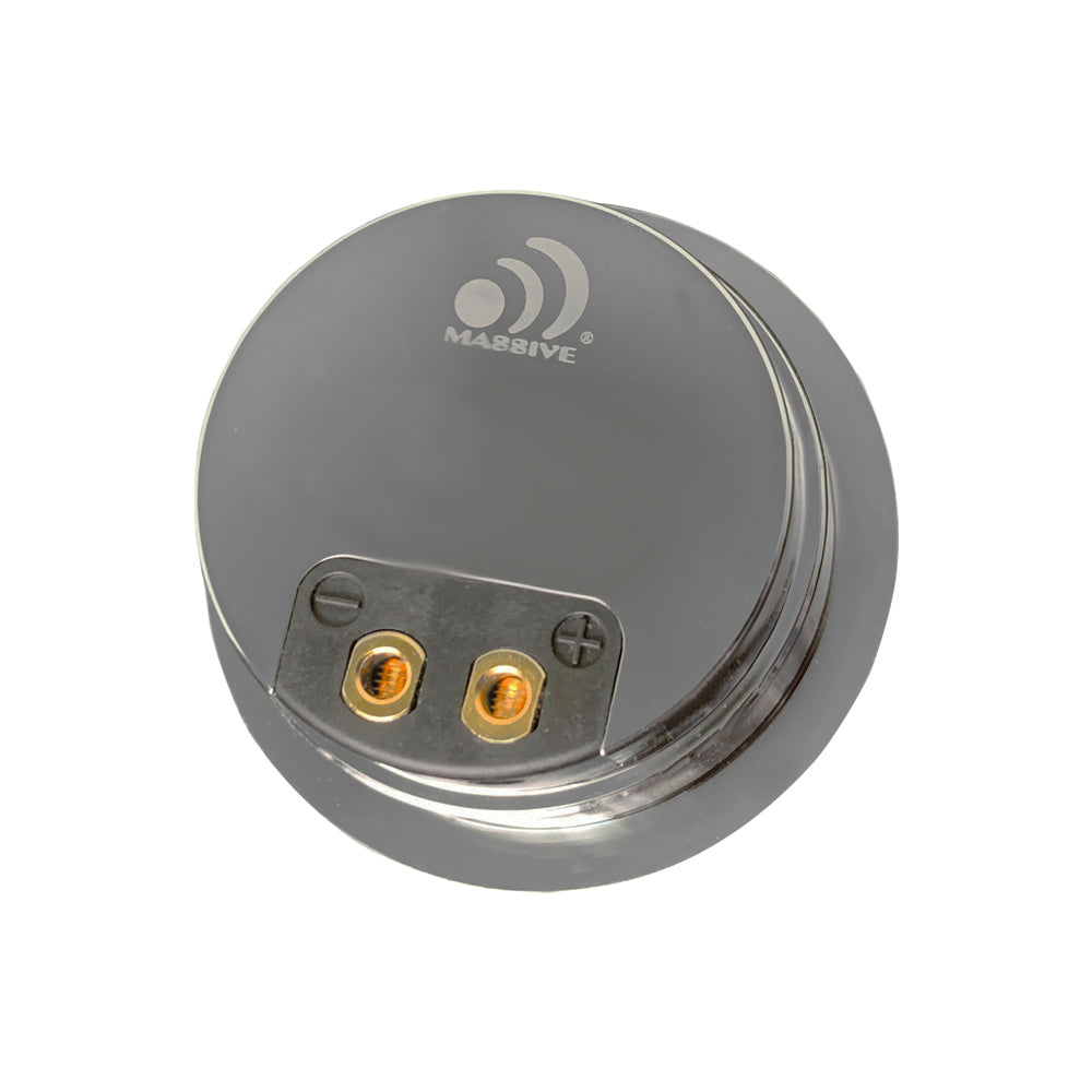 Rear of a Massive Audio tweeter showing its silver housing and two gold-colored terminals
