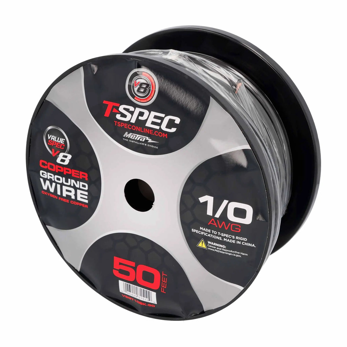 Black T-Spec cable spool with a label reading 1/0 AWG ground wire and 50 feet