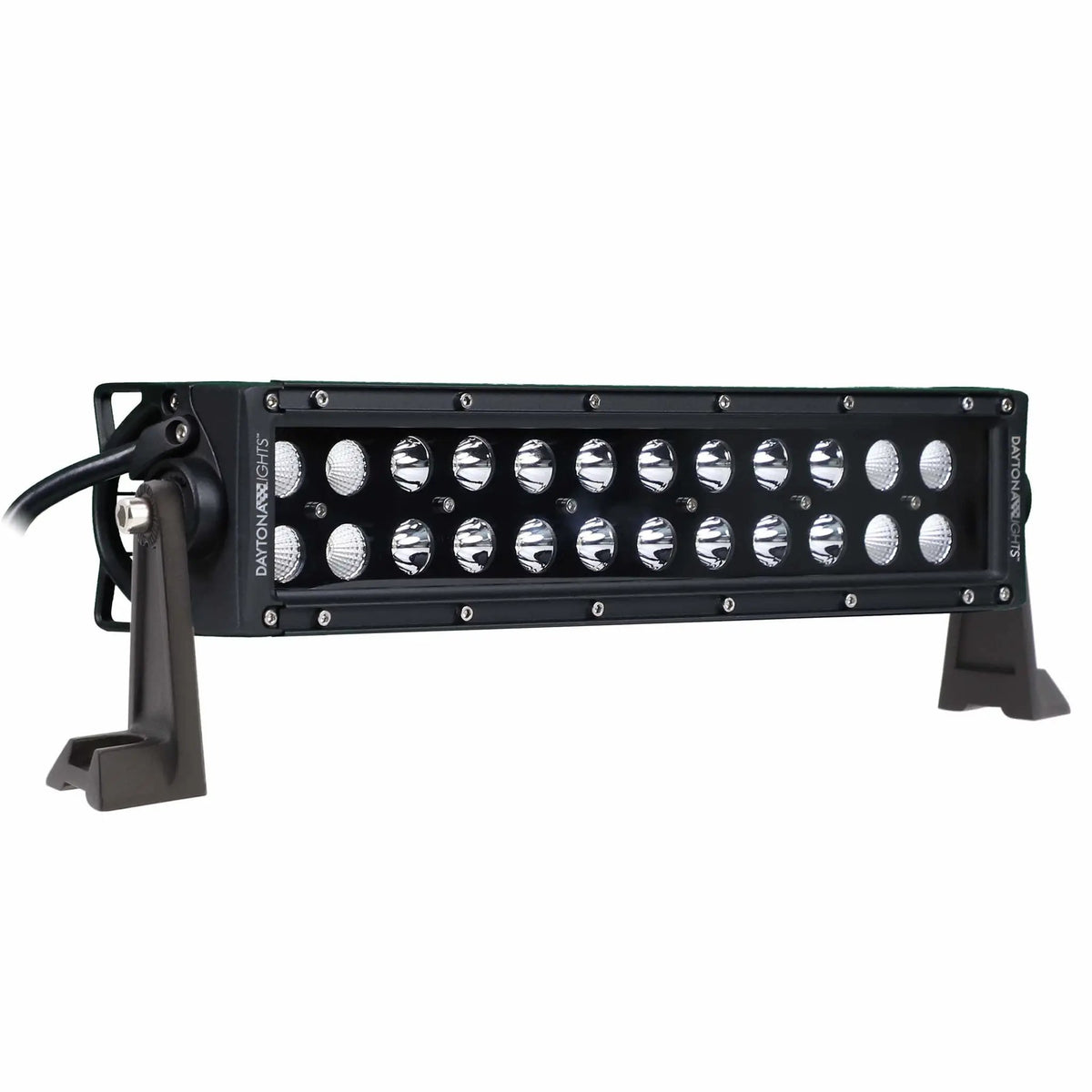 Angled Daytona Lights dual-row LED light bar with a black face and side mounting feet