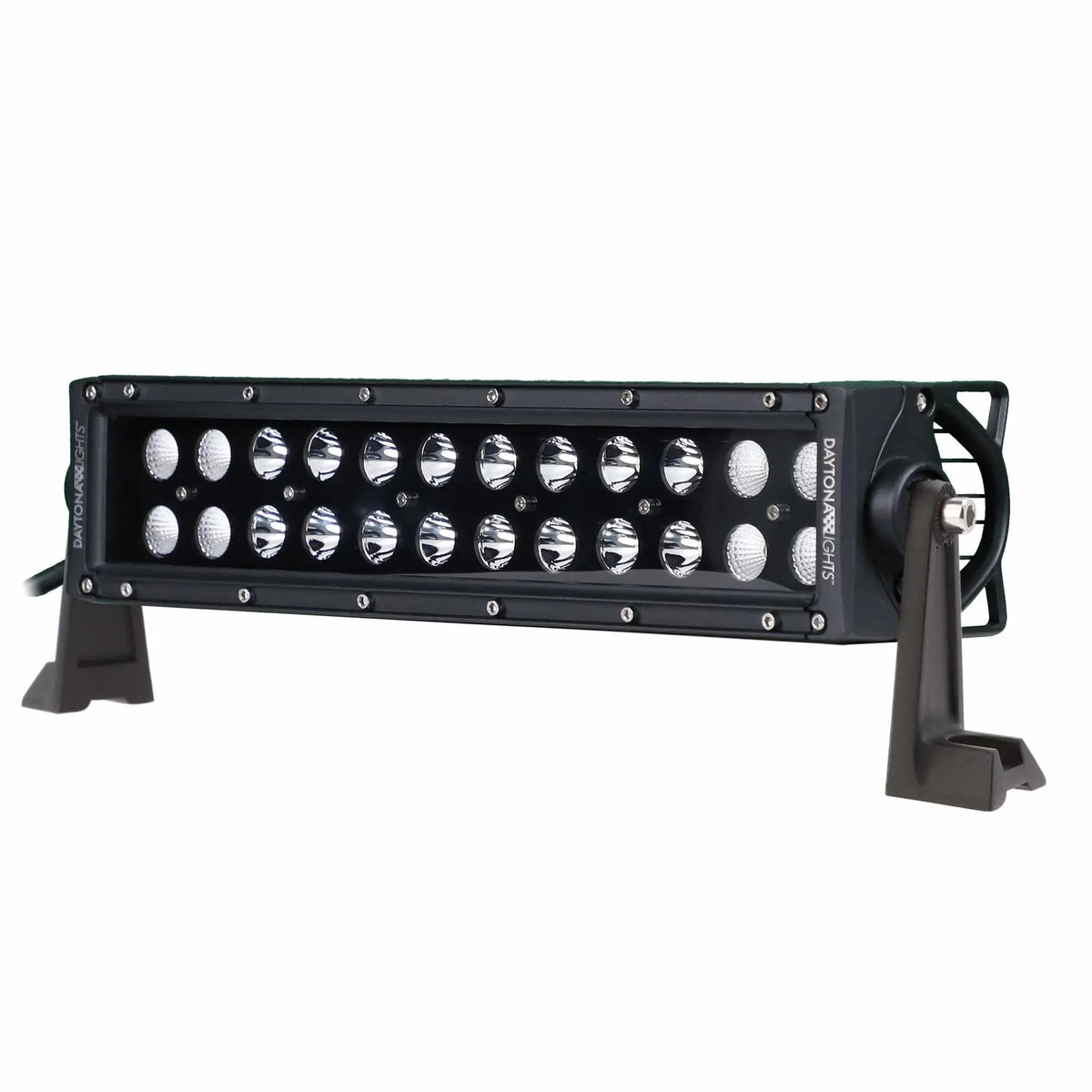 Short black dual-row LED light bar with end brackets, angled view