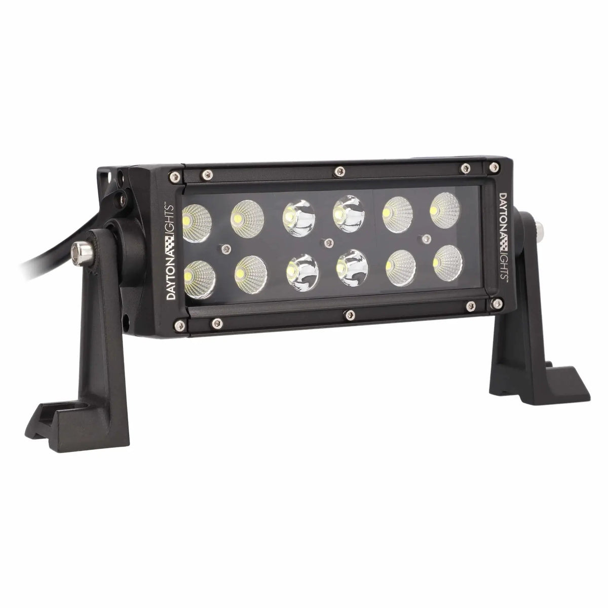 Angled view of a short Daytona Lights LED light bar with two rows of lenses and side mounting feet