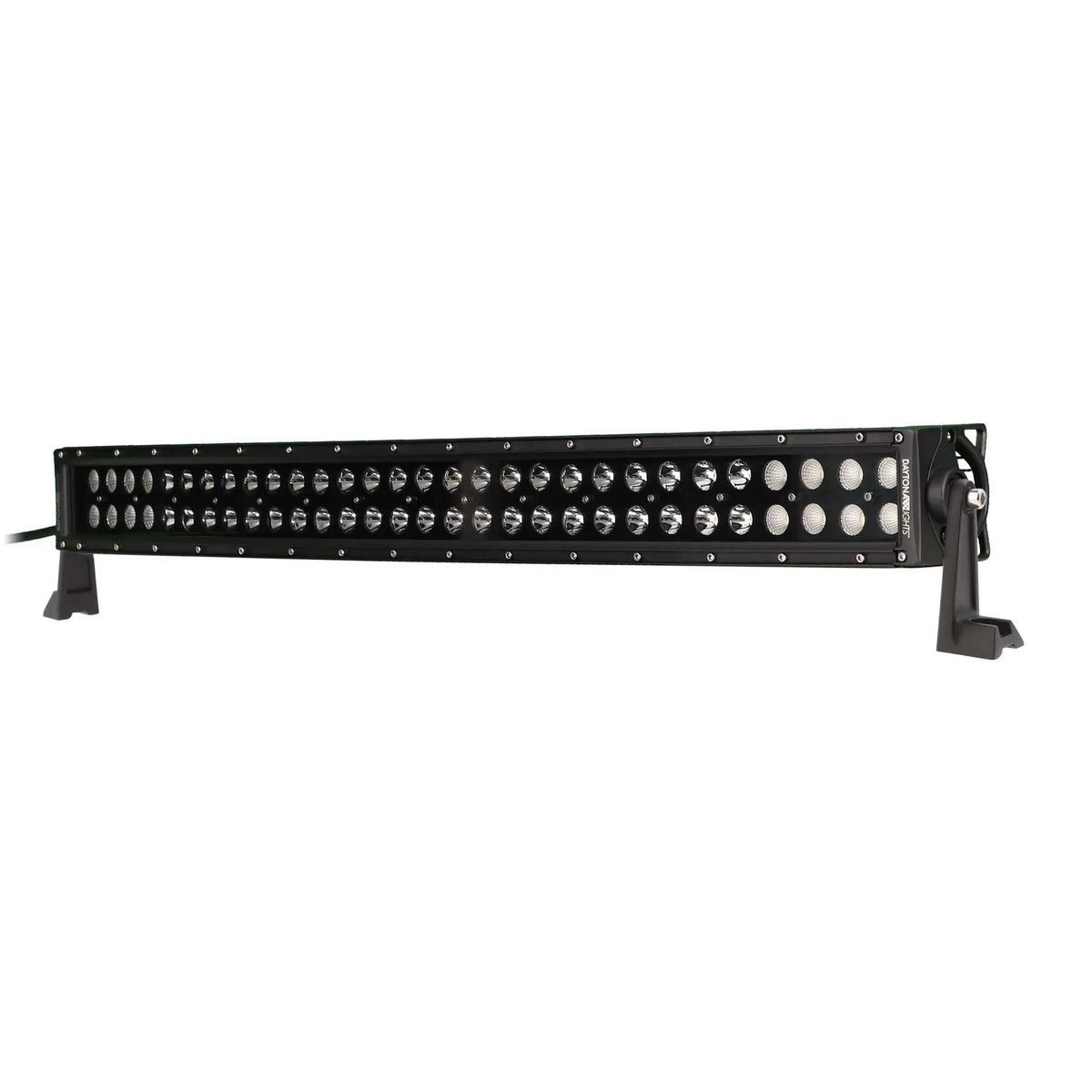 Opposite angled view of a curved black LED light bar with two rows of lenses