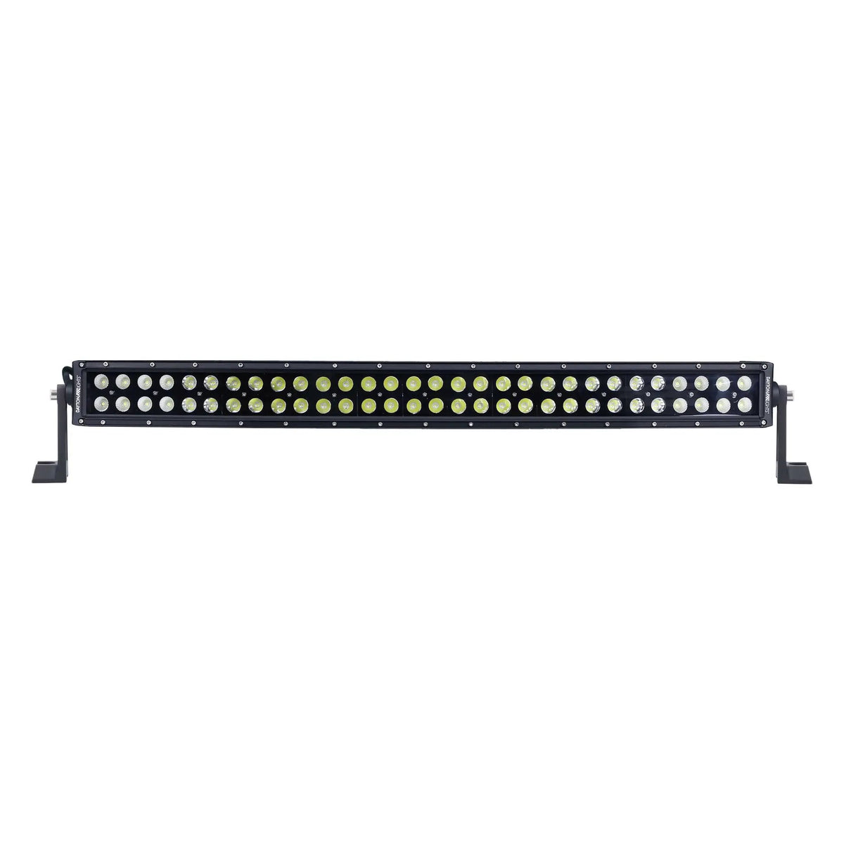 Straight-on view of a curved dual-row LED light bar with mounting feet at both ends