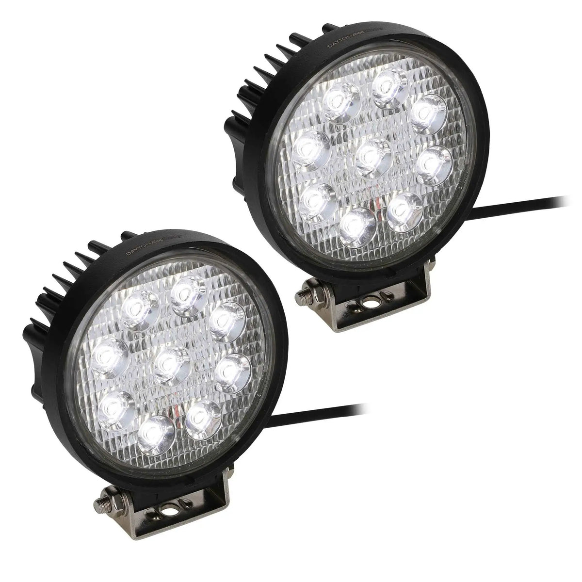 Pair of round nine-LED lamps with cooling fins and mounting brackets