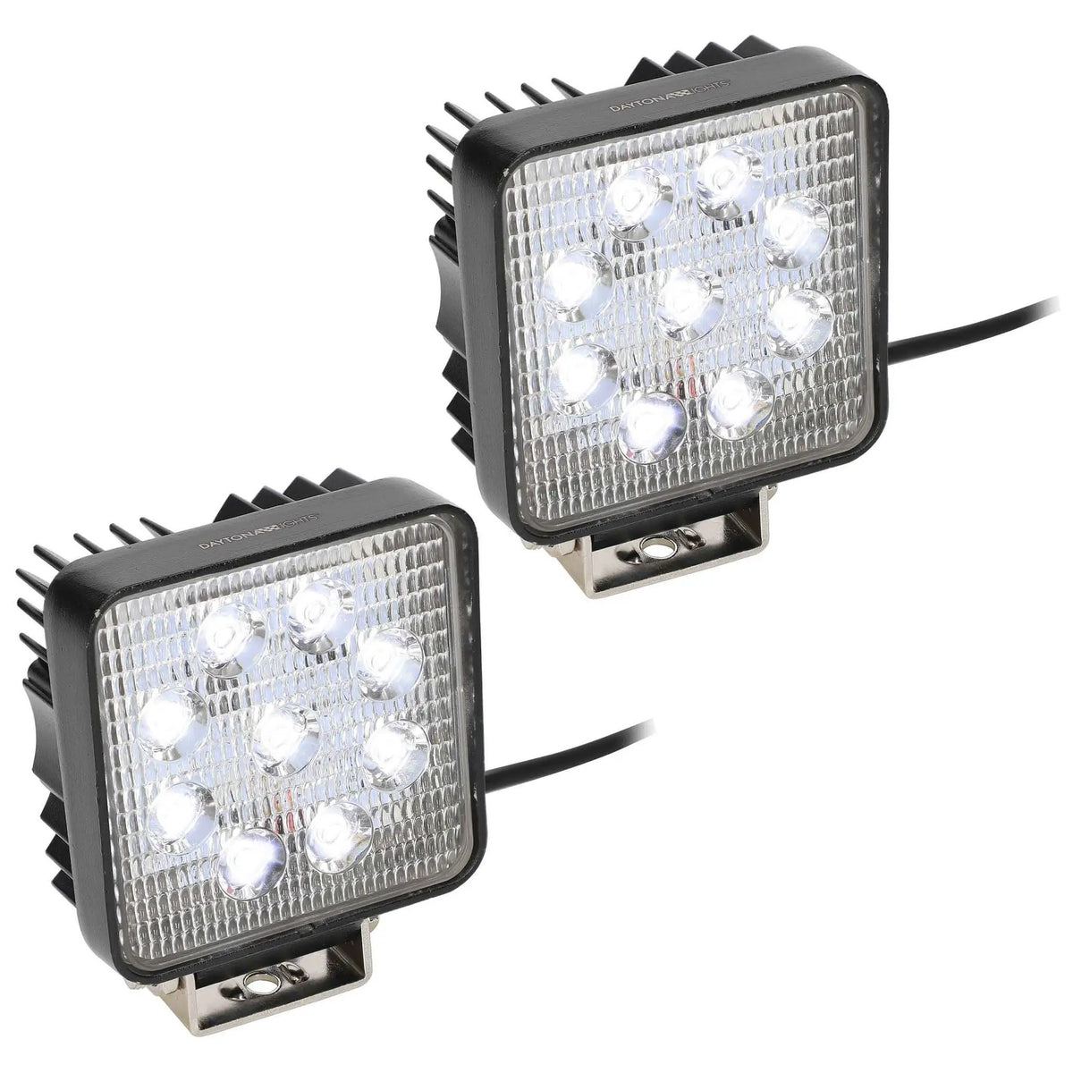 Pair of square driving lights with nine white LEDs illuminated in each light
